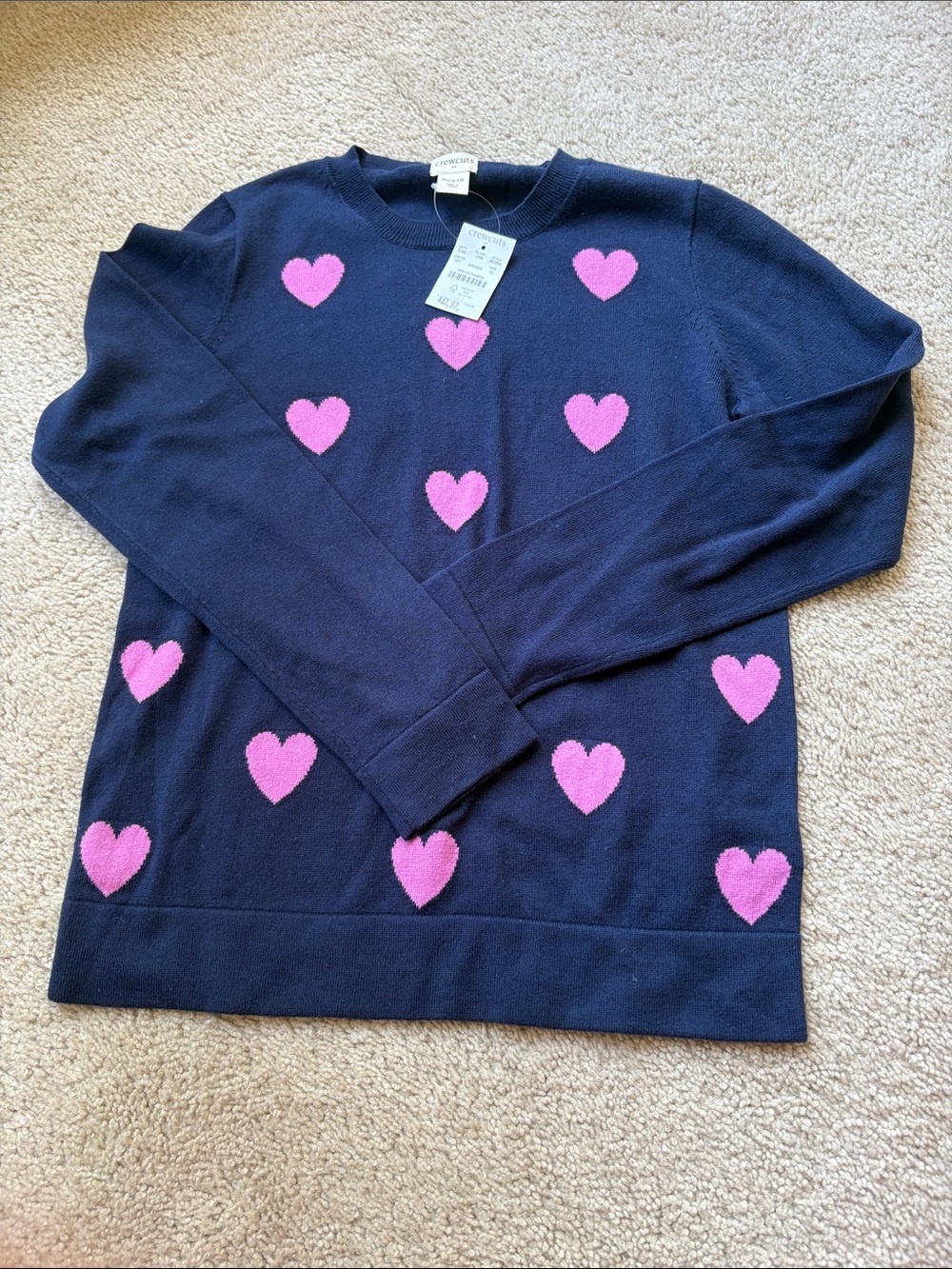 Crewcuts Navy Crewneck Sweater with Pink Heart Motif